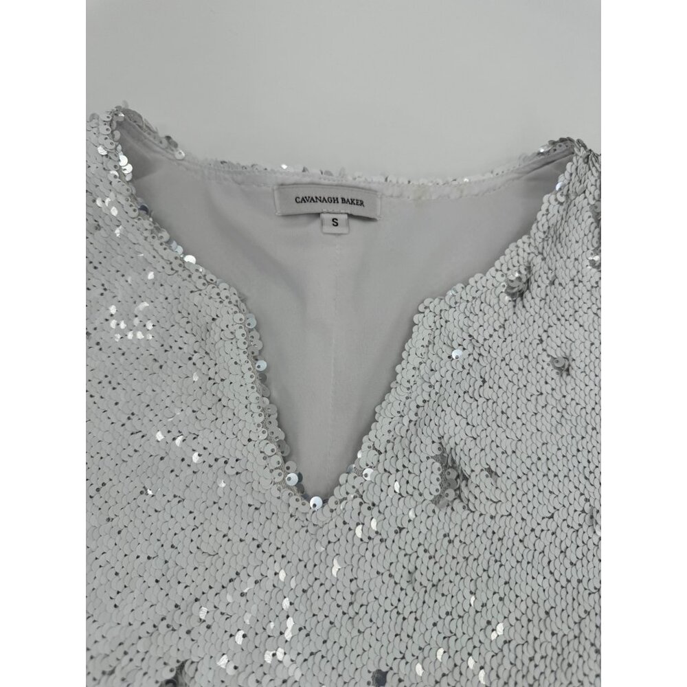 Cavanagh Baker Silver Sequin Short Sleeve V-Neck Mini Dress S - Picture 4 of 14